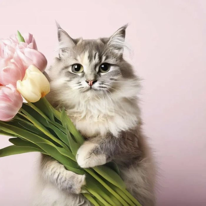 Con mèo tặng hoa với ánh mắt trìu mến